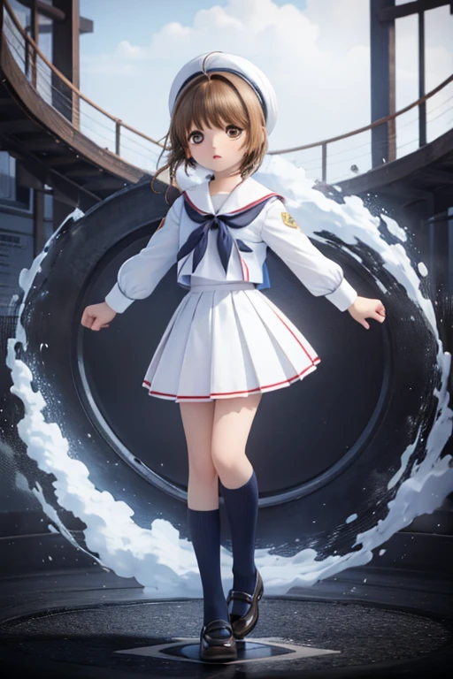 One Girl, white pin-tuck blouse ,Red Bolero,White Skirt, skirt with arms extended to the camera,There are 2 blue lines on the hem of the , bolero sleeve with school emblem patch , knee-high socks, black enamel wrap pumps with arms extended to the camera, short bob,Brown Hair,Braiding,Navy blue ribbon, striped ribbon ,Navy high socks, high-waisted skirt, looking down from above