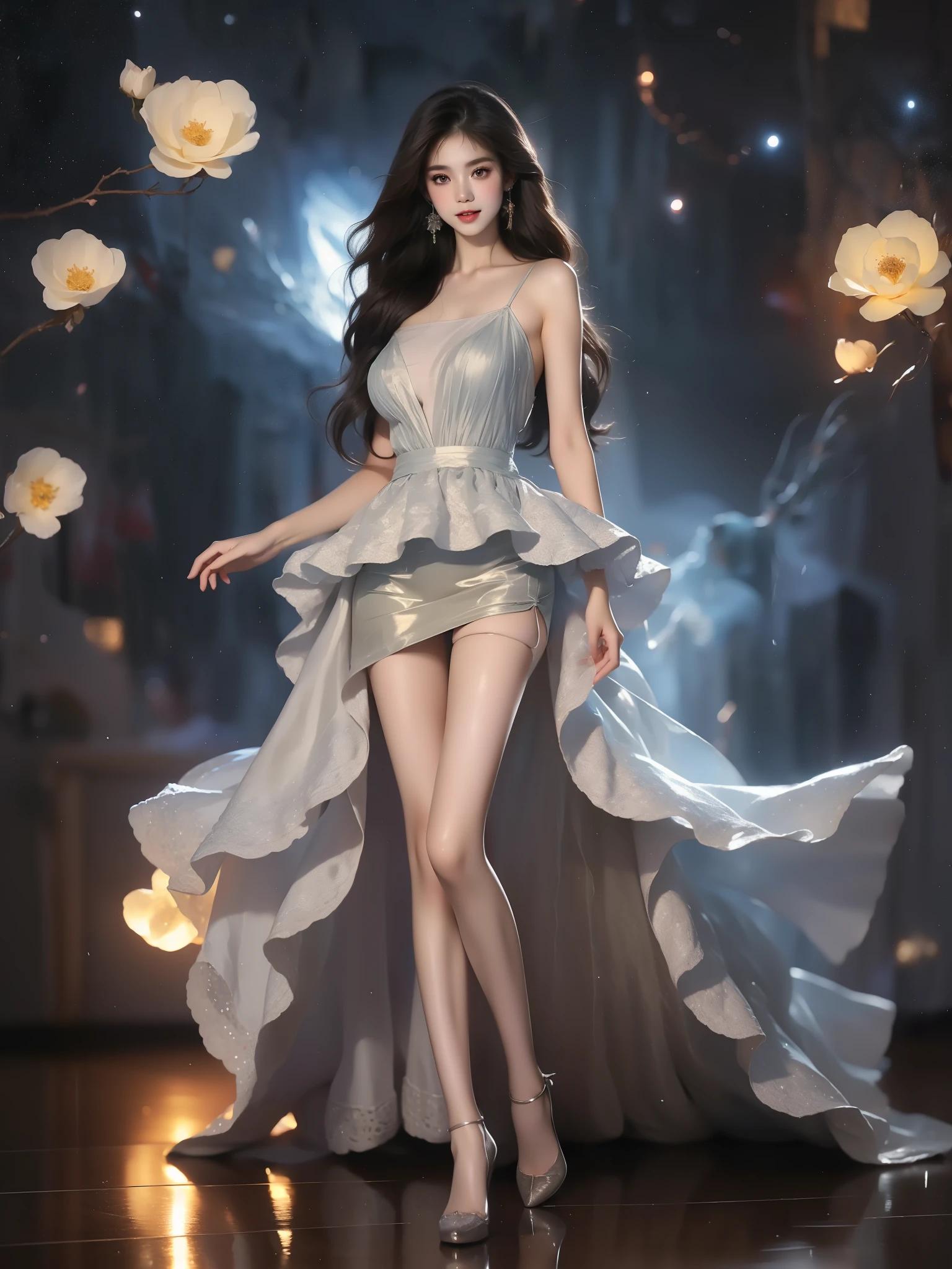 , ((full body)), (Asian beauty: 1.3), girl, solo, (toned body: 1.2), (naturally large breasts: 1.1), (visible cleavage: 0.8), (smooth flawless skin: 1.2), (perfect anatomical proportions: 1.3), (anatomically correct legs: 1.3), (elegantly long legs: 1.3), 1.1) Hands gently lift the skirt, (detailed features: 1.2), (big bright eyes: 1.1), (long eyelashes: 1.1), charming smile, gentle and confident expression, Head slightly tilted, long flowing hair, (night scene: 1.1), (starry sky: 1.0), (space background: 0.9), (professional soft light: 1.2), (warm tone: 1.1), (Masterpiece: 1.4), (Super Detail: 1.3), (Sharp focus: 1.2), (Realistic: 1.2), (Hi-Fi: 1.1)