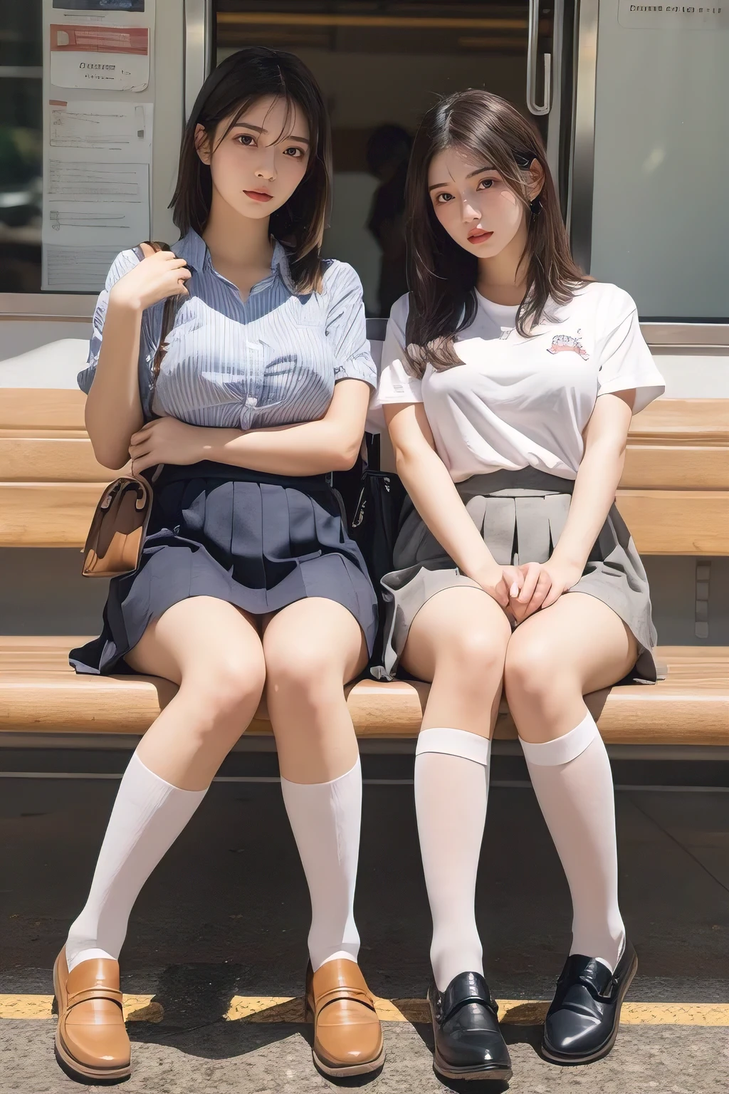 heavy rain, bob hair, looking at viewer, bangs, (Two girls in:1.2), skirt, brown hair, shirt, black hair, short sleeves, brown eyes, bob hair, Wet white browce, pleated skirt, open legs, shoes, socks, striped, hand up, bag, kneehighs, brown footwear, loafers, school bag, Train seat, Sitting, (Plump breast:1.3), (From below:1.1)