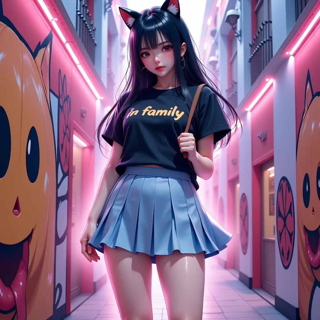 1 woman, Shiny black long hair,  black cat ear headband ,  pink lips , Beautiful face, Smile some., t-shirt, Light blue skirt, pleated skirt style, high-heels, stand, Dynamic, "Ln family"On the shirt, , Anime, Glow,  graphic wall painted in neon colors, Halloween, ลวดลายใบโคลเวอร์On the shirt, ,  Wide angle view,  high-definition vivid images,  intricate details, 3D dimensions, 3D rendering, realistic, colourful outfit,  over the truth , Light and shadow difference, illustration.