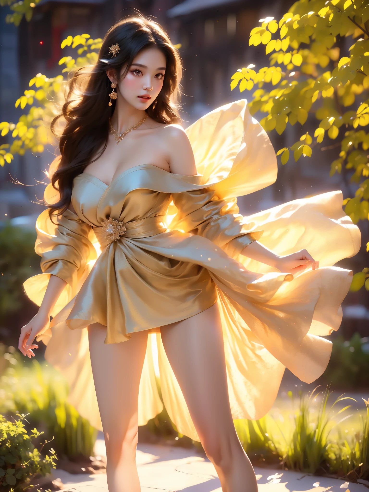 , ((full body)), (Asian beauty: 1.3), girl, solo, (toned body: 1.2), (naturally large breasts: 1.1), (visible cleavage: 0.8), (smooth flawless skin: 1.2), (perfect anatomical proportions: 1.3), (anatomically correct legs: 1.3), (elegantly long legs: 1.3), 1.1) Hands gently lift the skirt, (detailed features: 1.2), (big bright eyes: 1.1), (long eyelashes: 1.1), charming smile, gentle and confident expression, Head slightly tilted, long flowing hair, (night scene: 1.1), (starry sky: 1.0), (space background: 0.9), (professional soft light: 1.2), (warm tone: 1.1), (Masterpiece: 1.4), (Super Detail: 1.3), (Sharp focus: 1.2), (Realistic: 1.2), (Hi-Fi: 1.1)