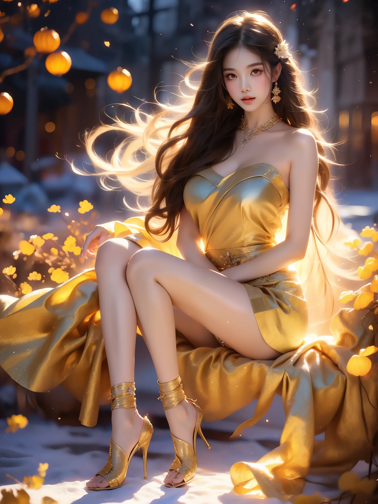 , ((full body)), (Asian beauty: 1.3), girl, solo, (toned body: 1.2), (naturally large breasts: 1.1), (visible cleavage: 0.8), (smooth flawless skin: 1.2), (perfect anatomical proportions: 1.3), (anatomically correct legs: 1.3), (elegantly long legs: 1.3), 1.1) Hands gently lift the skirt, (detailed features: 1.2), (big bright eyes: 1.1), (long eyelashes: 1.1), charming smile, gentle and confident expression, Head slightly tilted, long flowing hair, (night scene: 1.1), (starry sky: 1.0), (space background: 0.9), (professional soft light: 1.2), (warm tone: 1.1), (Masterpiece: 1.4), (Super Detail: 1.3), (Sharp focus: 1.2), (Realistic: 1.2), (Hi-Fi: 1.1)