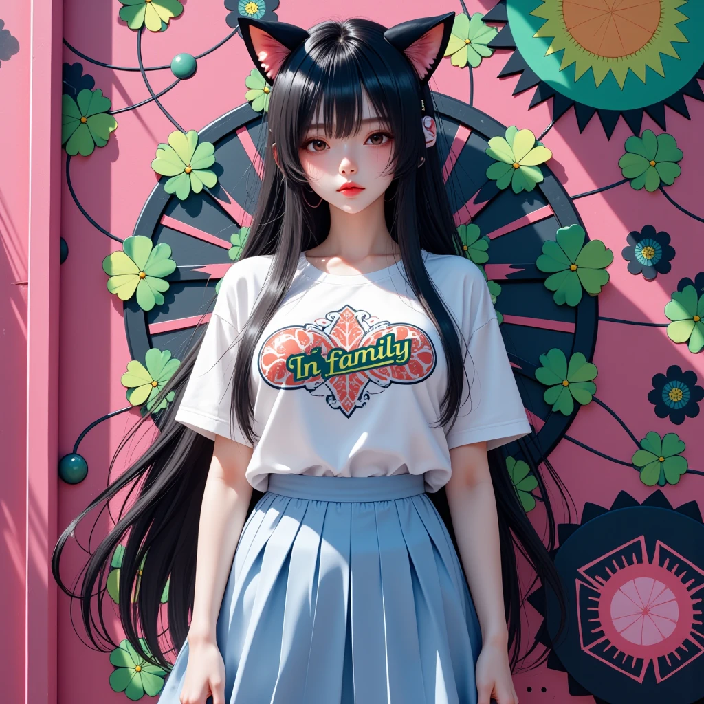 1 woman, Shiny black long hair,  black cat ear headband ,  pink lips , Beautiful face, Smile some., t-shirt, Light blue skirt, pleated skirt style, high-heels, stand, Dynamic, "Ln family"On a shirt with a pattern of clover leaves, Anime, Glow,  graphic wall painted in neon colors, Halloween, Clover leaf pattern on shirt ,  Wide angle view,  high-definition vivid images,  intricate details, 3D dimensions, 3D rendering, realistic, colourful outfit,  over the truth , Light and shadow difference, illustration.