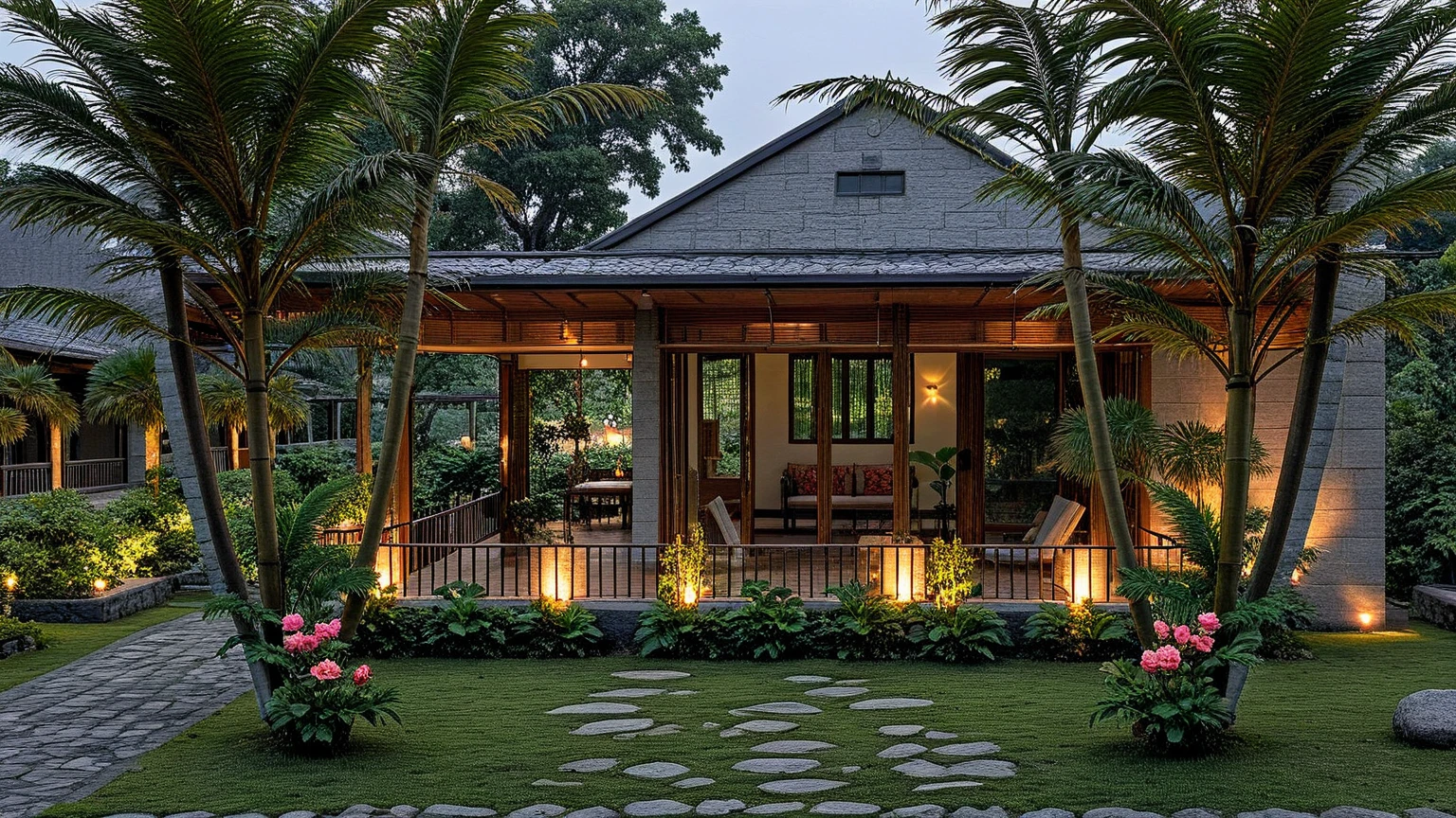 A small tropical house with a white brick facade and a sloping roof. The front porch is large with a bamboo or rattan roof covering, featuring wide glass doors that open to the interior. Surrounding the house are tall palm trees with lush green fronds, providing shade to the area. The garden is vibrant with colorful flowers like pink roses and yellow blossoms, interspersed with low shrubs. A stone-paved path leads to the porch, giving a peaceful, natural vibe. The overall setting feels calm and serene, perfect for relaxation or retreat.