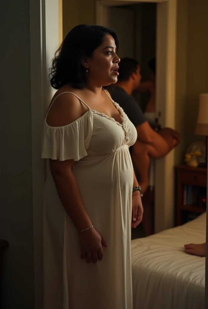 A beautiful indonesian woman, chubby and sexy body, tied hair , sweaty skin, wear sexy apron, huge breasts, sensual expression, cooking steak in the kitchen. Hug by a handsome indonesian boy from behind, look at the viewer, cinematic light, realistic photography, wide angle shot, detailed facial features, intricate clothing folds, soft lighting, warm color tone, bathroom, photorealistic, cinematic composition, high quality, 8k, masterpiece