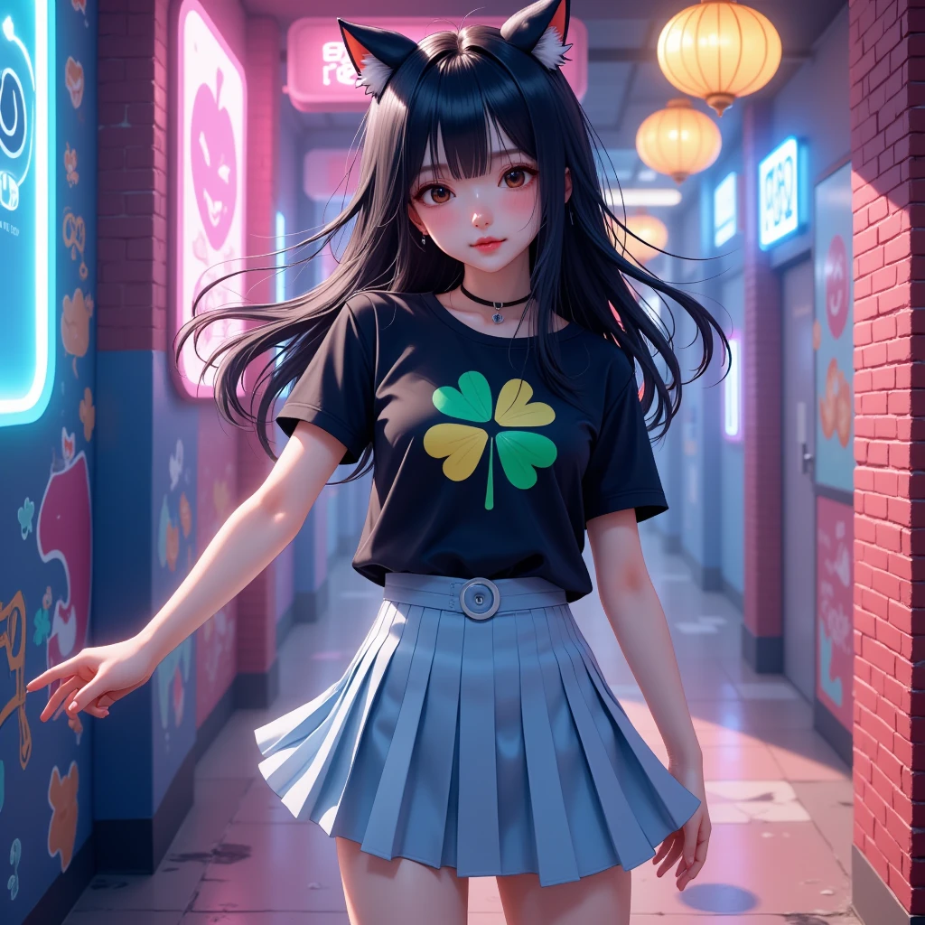 1 woman, Shiny black long hair,  black cat ear headband ,  pink lips , Beautiful face, Smile some., t-shirt, Light blue skirt, pleated skirt style, high-heels, stand, Dynamic, "Ln family"With clover leaf pattern on black tunic, Anime, Glow, A graphic wall painted in neon colors, Halloween,  Wide angle view,  high-definition vivid images,  intricate details, 3D dimensions, 3D rendering, realistic, colourful outfit,  over the truth , Light and shadow difference, illustration.