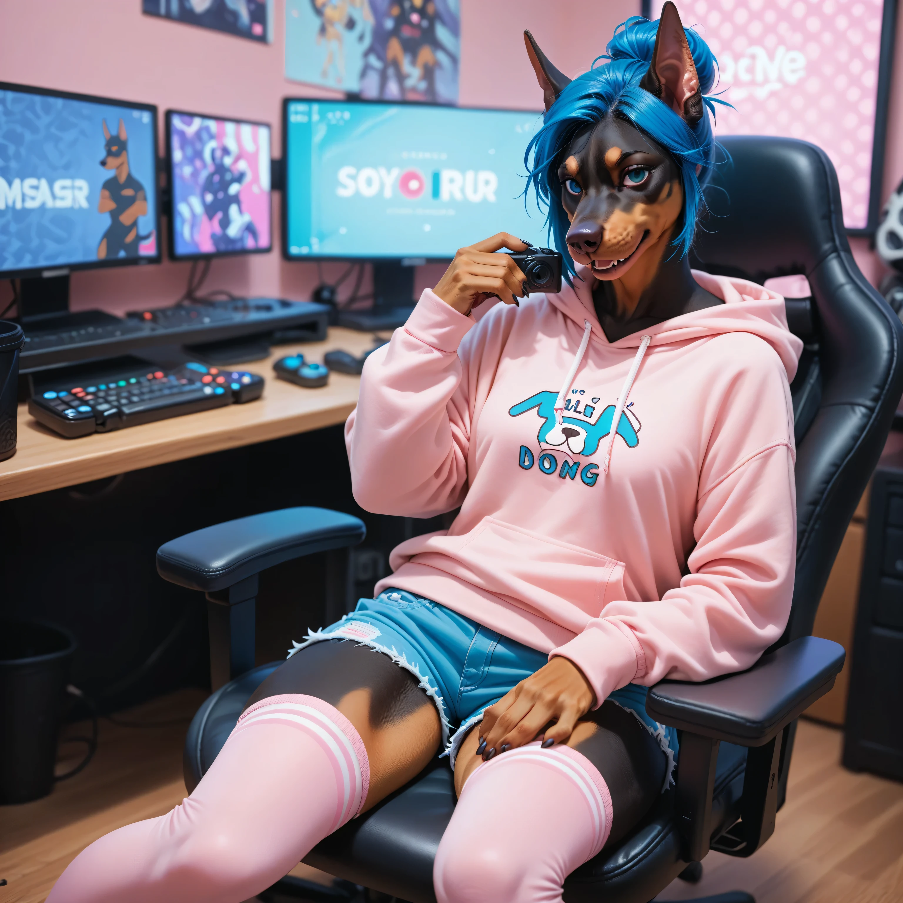 Furry female Doberman dog,blue hairstyle ,makeup, pink sweatshirt ,short shorts,pink stockings, sits on a gaming chair ,room background, medium length from the camera ,front view.