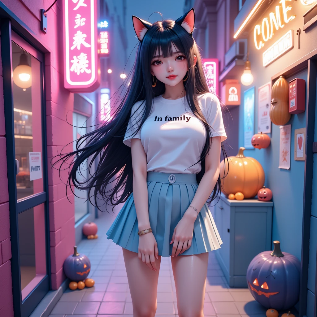 1 woman, Shiny black long hair,  black cat ear headband ,  pink lips , Beautiful face, Smile some., t-shirt, Light blue skirt, pleated skirt style, high-heels, stand, Dynamic, "Ln family"On the shirt, , Anime, Glow, A graphic wall painted in neon colors, Halloween, ลวดลายใบโคลเวอร์On the shirt, ,  Wide angle view,  high-definition vivid images,  intricate details, 3D dimensions, 3D rendering, realistic, colourful outfit,  over the truth , Light and shadow difference, illustration.