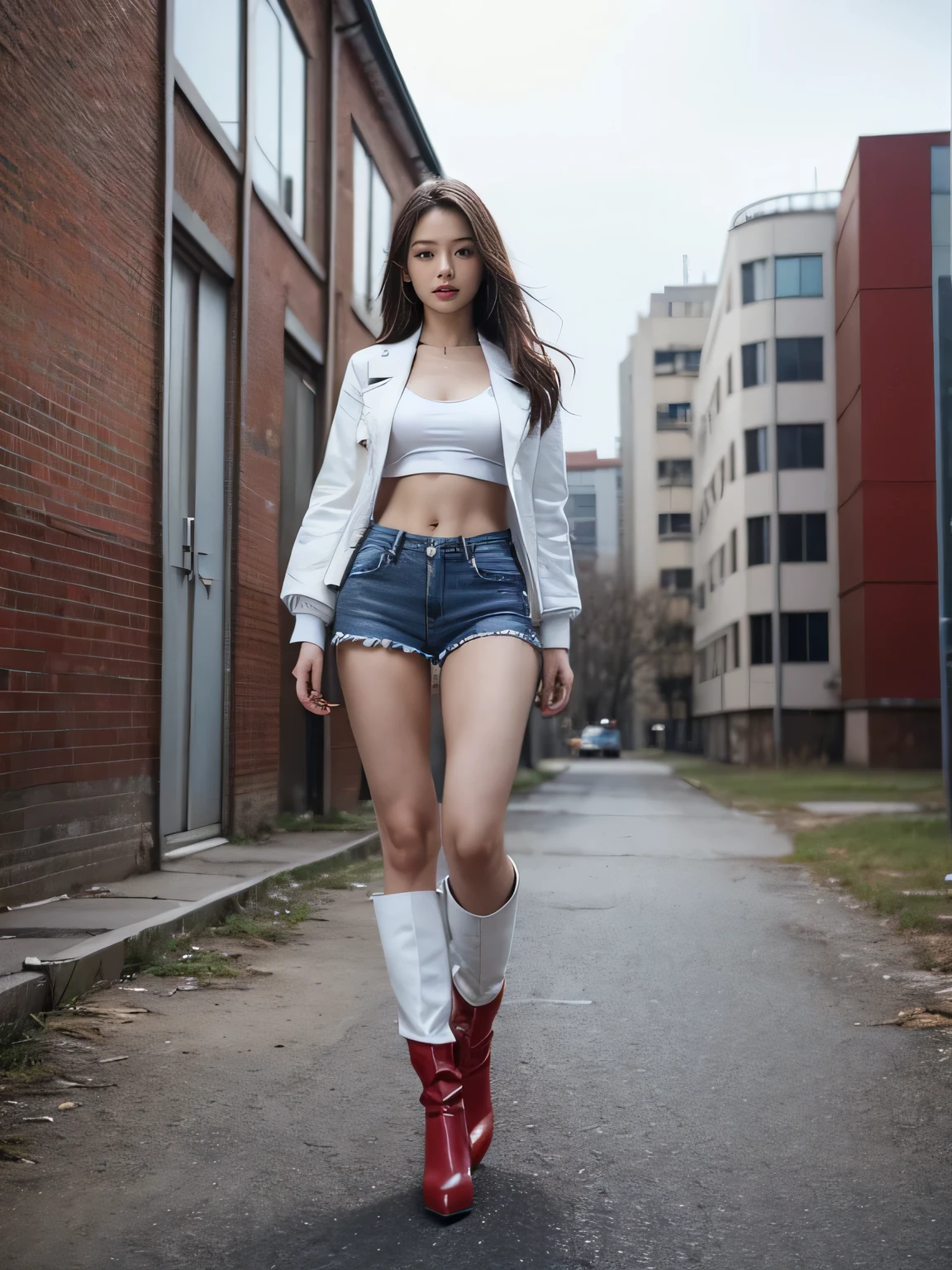 masterpiece,highest quality,High resolution,Full Body View,White jacket,Red innerwear,Belly button,Belted denim mini shorts,The heroine in white long boots with high heels,Perfect Legs,Perfect Skin,Perfect Arms,Abdominal muscles,The background is an abandoned factory