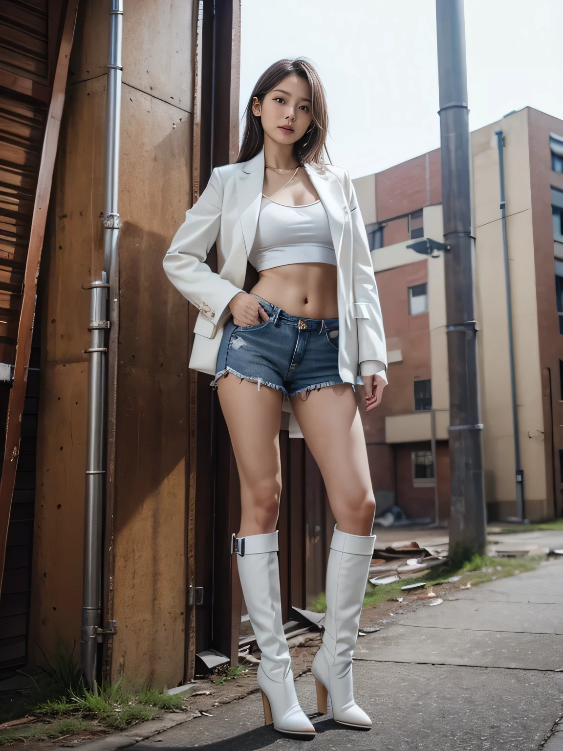 masterpiece,highest quality,High resolution,Full Body View,White jacket,Red innerwear,Belly button,Belted denim mini shorts,The heroine in white long boots with high heels,Perfect Legs,Perfect Skin,Perfect Arms,Abdominal muscles,The background is an abandoned factory