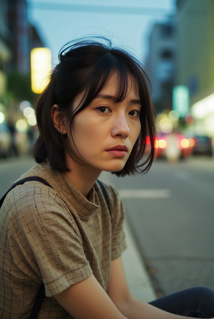 photograph,   Japanese woman's profile portrait {x} Atmosphere like a movie directed by Wong Ka-wai、 Japanese woman's profile portrait 、Age 35，Short, messy black hair， Woman wearing a plain hemp shirt  、  Shinjuku while pensive － Nestled on a pavement in Tokyo 。City at Dusk、 Realistic, 4K quality,   textured skin  ,  ビンテージフィルムでphotographされた写真 、Rediscovered、  Cool tones  、Faded photos 、Early 90s vibe 、Old Photos, background blur