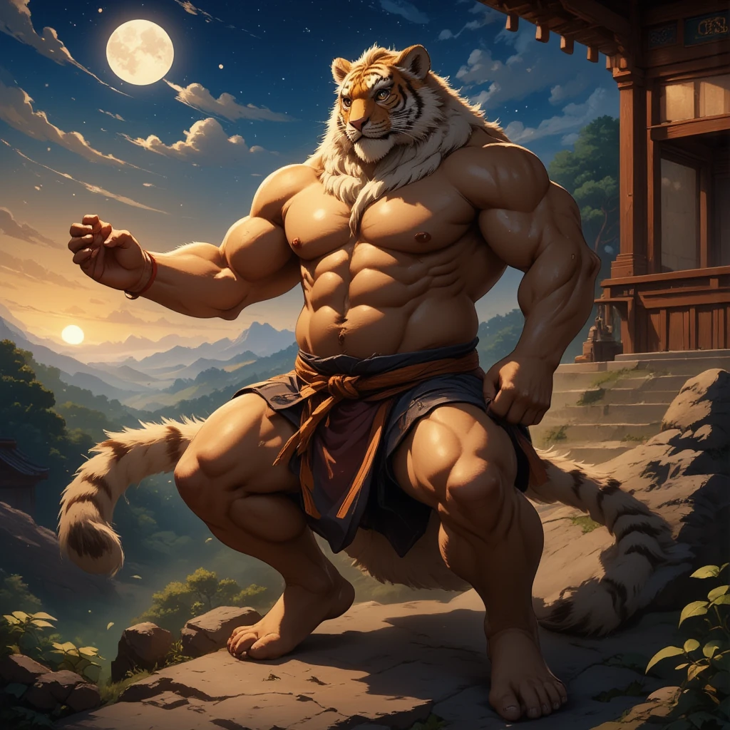 character focus, full body, looking away, dynamic angle, wuxia, daoist, a muscular middle-aged chinese tiger man, full body in Michelangelo Buonarroti style, housamo style, digital illustration anime, BREAK serious, lobe, pants, standing, drawing a circle in the air with a finger, dynamic pose, detailed painting landscape, starry sky, chinese shrine, outdoor, complete anatomy, perfect proportions, beautiful thigh gap, fluffy body, intricate fur details, beautiful fur texture, BREAK (detailed tiger 1tail,) detailed toe, 5toes, 5toes nails, beautiful foot, BREAK detailed hands, 5fingers, 5fingers nails, BREAK aesthetic anime face, insanity detailed face, male face, big face, square jawline, aesthetic anime eyes, detailed brown eyes, detailed brown cornea, detailed dark brown irises, detailed pupils, male eyes, big eyes, male eyebrows, innocent look, beautiful beard, BREAK masterpiece, official art, best quality, very aesthetic, absurdres, super fine illustration, great quality, BREAK noise reduction, very highres, large filesize, high quality, 32K, 8k wallpaper, dynamic lighting, BREAK insanity detailed, ultra detailed, intricate details, extremely detailed, detailed texture, an extremely delicate and beautiful, full color, BREAK e621 illustration, osukemo, kemohomo, anthropomorphic, furry, cartoon, harmonious, pastoral, virtuous, epic atmosphere 