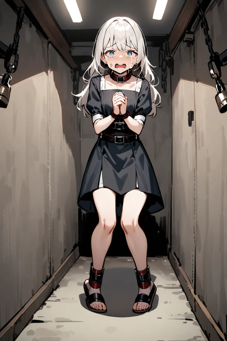 ((best quality)), ((masterpiece)), (detailed), one girl with long blond hair in white t-shirt and black skirt, tape gag, tape bondage, fear in eyes, lay on floor in dark room, beautiful legs
