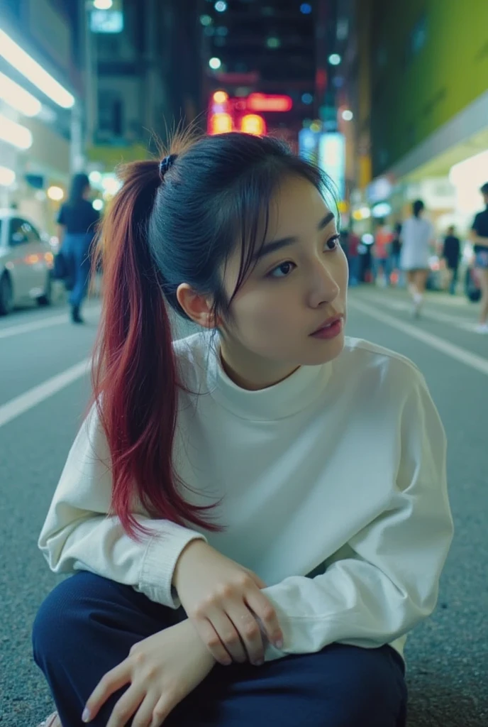 photograph,   Atmosphere like a movie directed by Wong Ka-wai、 Profile portrait of a Japanese woman 、Age 18， Red Dyed Ponytail ， Woman Wearing a Plain White Shirt  、  Shinjuku while pensive － Nestled on a pavement in Tokyo 。City at Dusk、 Realistic, 4K quality,   textured skin  ,  ビンテージフィルムでphotographされた写真 、Rediscovered、  Cool tones  、Faded Woman 、Early 90s vibe 、Old Photos, background blur