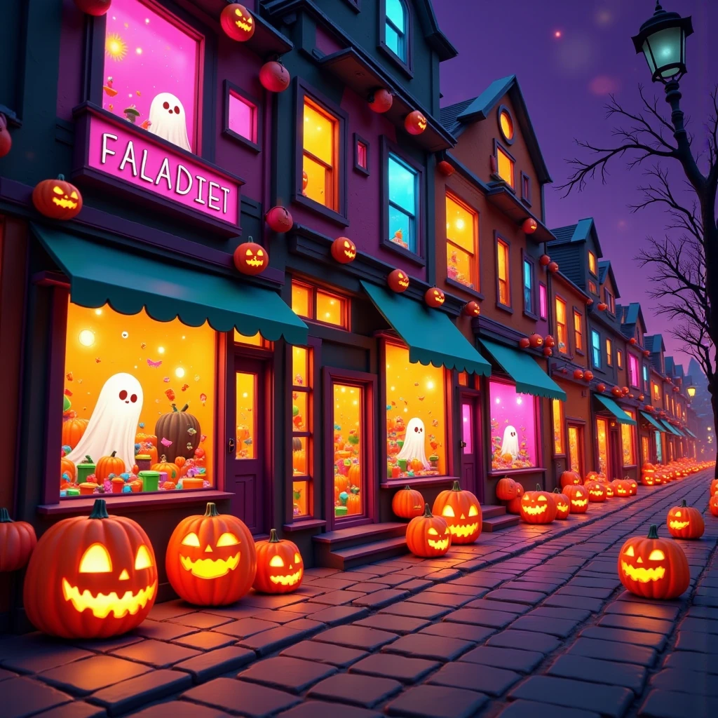 In a pop art style, with a close-up, a row of colorful storefronts on the street are filled with Halloween treats and costumes. Ghosts with neon outlines peer through the windows, and pumpkins are painted in bold, graphic patterns