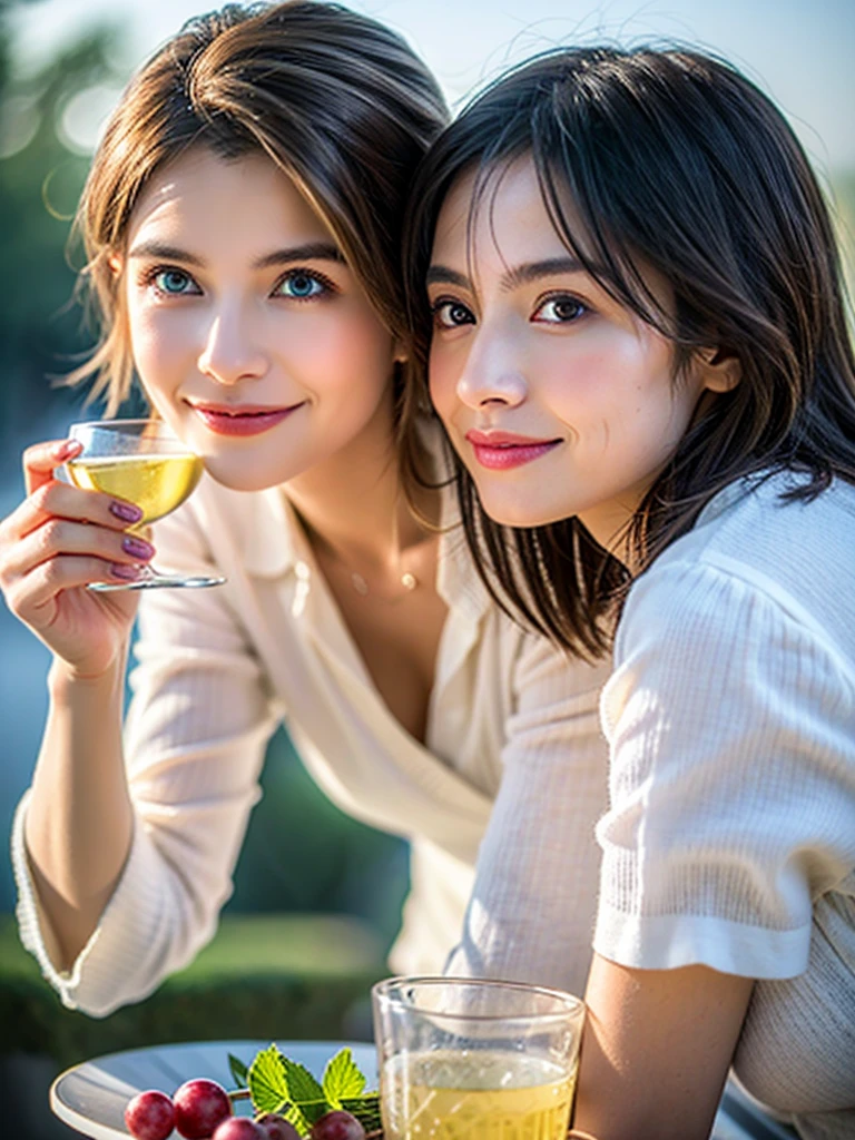 ((Highest quality、、masterpiece:1.3))、1 male、1 female,36 years old 39 years old、Put the light on my face、Slim Beauty、Beautiful couple、Upper Body、smile、 (Slim face), (the body is スリム), (Brown Hair), (Shortcuts), テーブルのフルコースディナーとwine glass、Amazing view of the sunset sky and clouds、smileの美しさ、Wine bottle、sparkling wine、Long sleeve shirt、dress、White wine, red wine, wine glass, Beautiful fine grain, Depth f/2,saturation, High Contrast, Strong light and shadow,Moist Body:1.5、 texture、The hair is very shiny、