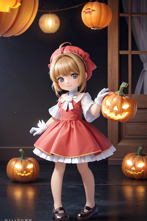 ((I'm making pumpkin lanterns)),< girl, Proud, Grin,  staring at the viewer , Long Hair, Ahoge, blonde, Drill Hair,  blue eyes , Slanted Eyes, Big Eyes, Half open eyes , Pale skin, Gorgeous red dress, Evening Gloves, Long-term, Cover your mouth with a fan, Luxurious aristocratic room, masterpiece, Exquisite, beautiful, cute,  fantasy, A vibrant academic community, Chibi Anime,  icon,  soft line design that caught a big fish, Soft Surface, Simple line drawing,  Full Body Shot , Front View, Light from the side, Highly saturated colors, Vibrant colors, 