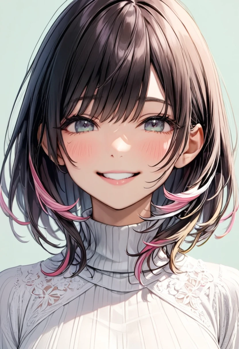  dark-haired woman"Haruna"The gentle smile , , white turtleneck ,  upper body focus ,  bust up shot , simple background in pastel colors,