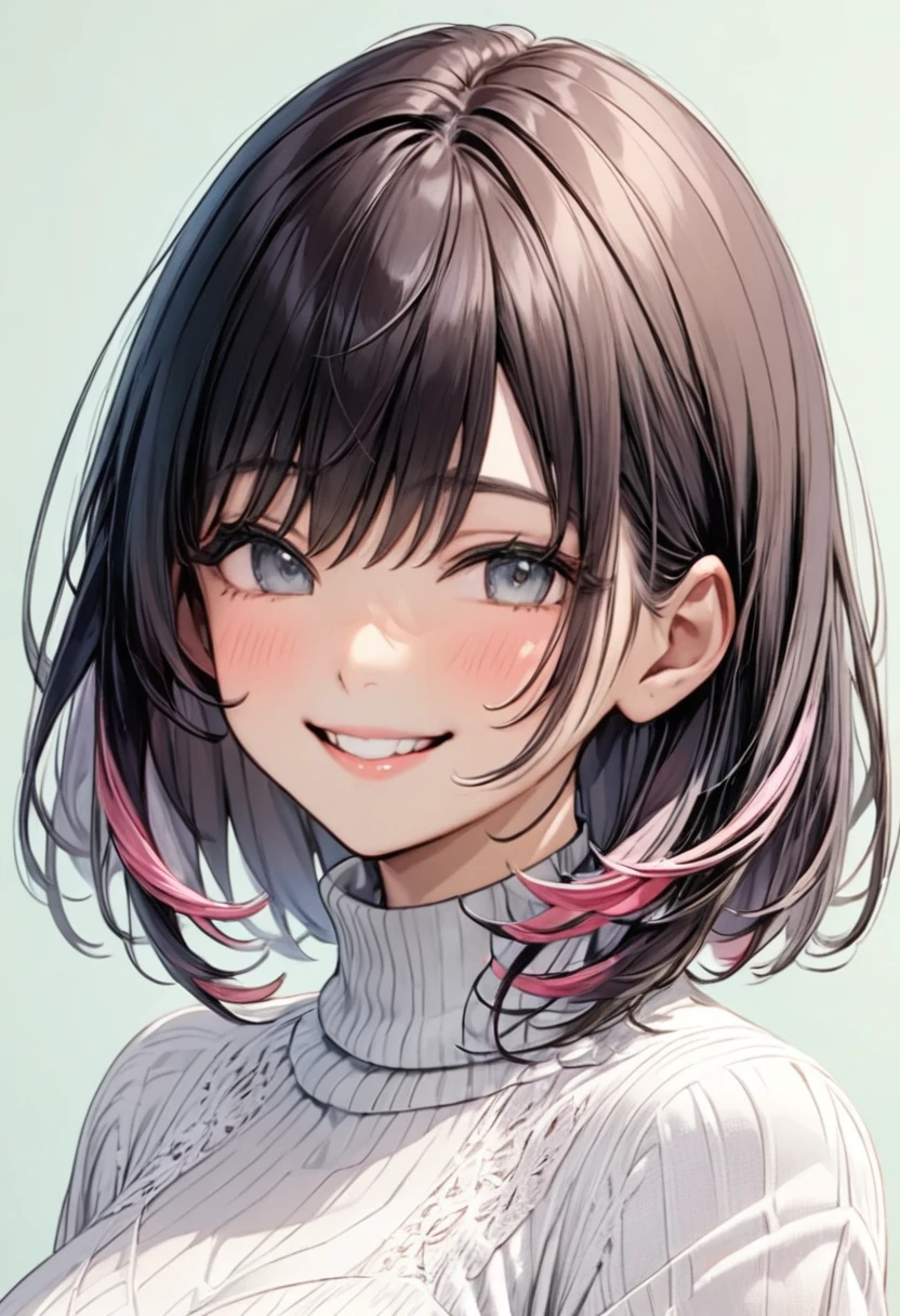  dark-haired woman"Haruna"The gentle smile , , white turtleneck ,  upper body focus ,  bust up shot , simple background in pastel colors,