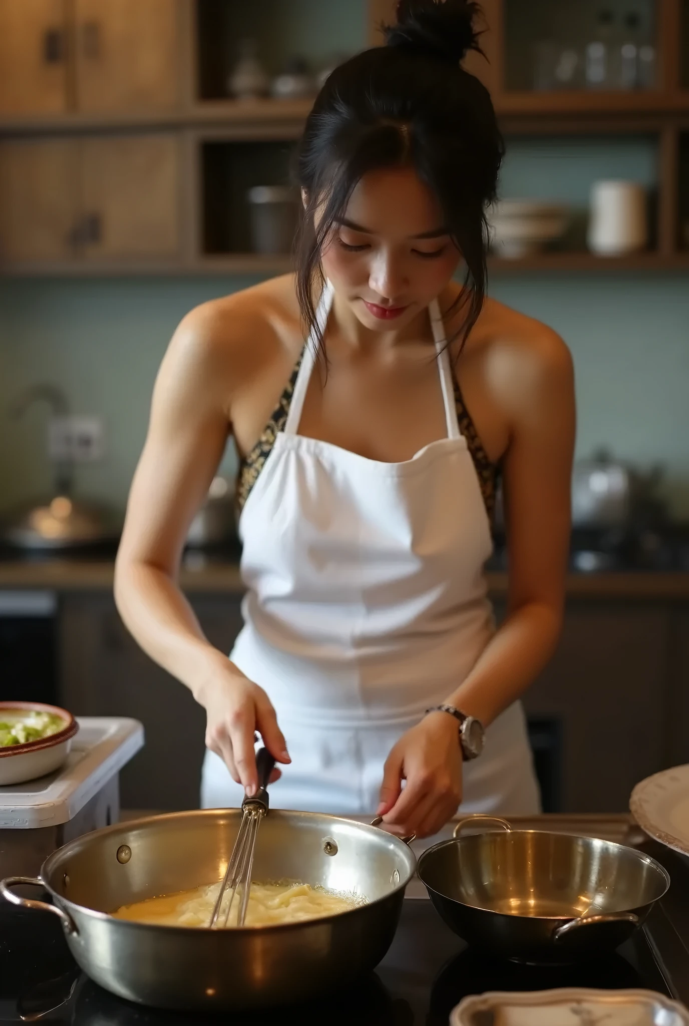 Bokeh: 1.3, Photography, Raw: 1.2, Ultra Real 1.4, Representative Writing: 1.3, Maximum resolution: 1.3, Ultra HD: 1.2, Beautiful Girl: 1.2, Smile, Beautiful Teeth, Bangs, Ponytail, (Nude white apron: 1.1), Eating sausage in the kitchen