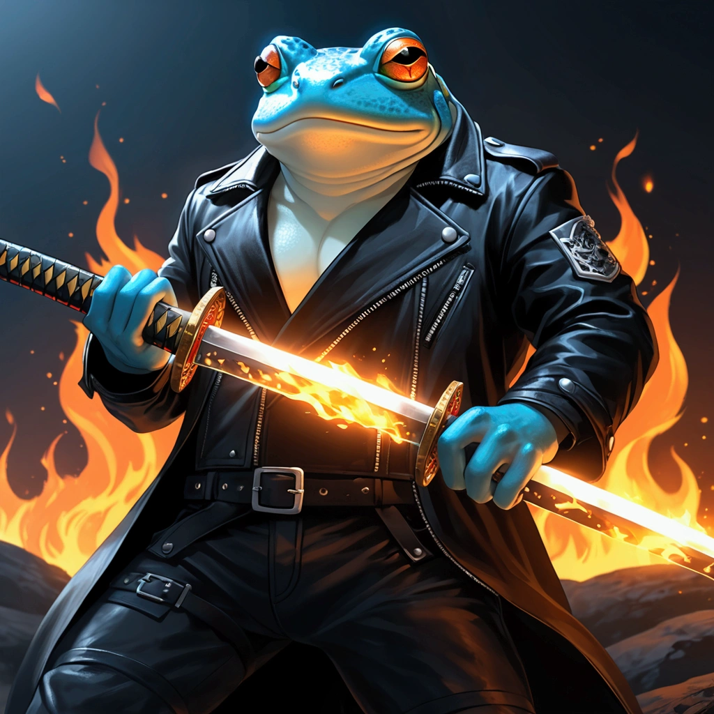 Closeup, An extremely badass light blue and white bullfrog wearing an ...
