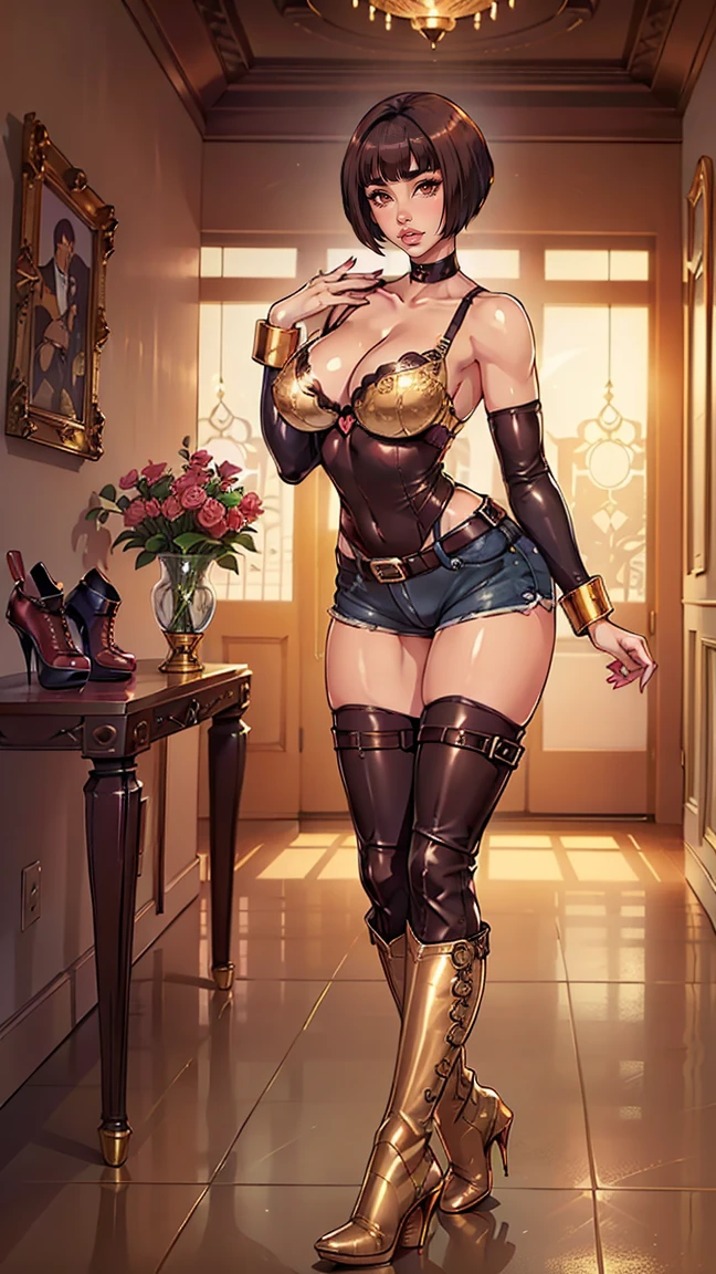 ((shiny eyes, 1femboy, standing, sexy pose, ((Itsuki Shima, femboy, (cowboy shot:1.2), short hair, brown hair, bob cut, brown eyes, looking at viewer, perfect body small penis bulge in her shorts, perfect eyes, anime eyes, eyeshadow, perfect face, (blush, smirking:1.1), sharp focus, professional artwork, intricate details)), ((fitness,, shapely body, athletic body, toned body)), (((sequin encrusted bra, (gold sequin bra), sequin gold), (mini short, short jeans, micro short), ((high heel boots, (stiletto heels, (leather boots, custom boots), stiletto heels), high heel boots, thigh-high boots, beige thigh)), white lace stockings, entrance hall of a luxurious mansion, modern, sumptuous decoration ))