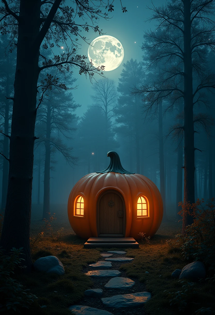 A pumpkin shaped cottage in the middle of a dark forest, the pumpkin cottage should have two small windows and a wooden door, dark night illuminated by glowing moon and the stars in the sky, haze, misty, atmospheric, cinematic, highest quality 