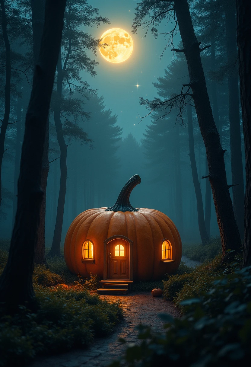 A pumpkin shaped cottage in the middle of a dark forest, the pumpkin cottage should have two small windows and a wooden door, dark night illuminated by glowing moon and the stars in the sky, haze, misty, atmospheric, cinematic, highest quality 