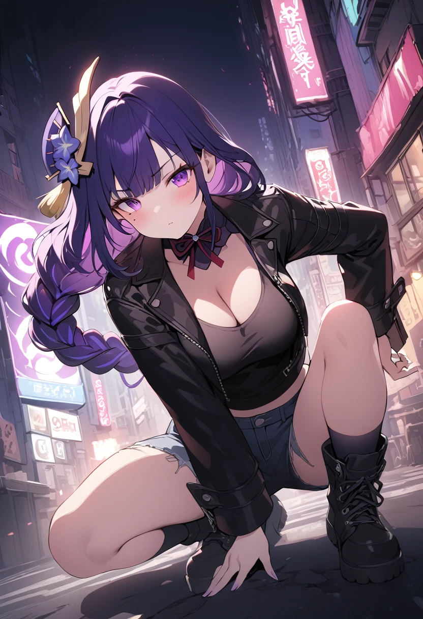 a punk rock girl, 1girl, leather jacket, ripped jeans, combat boots, grungy, moody expression, cityscape background, neon lights, high contrast, vibrant colors, dramatic lighting, (best quality,4k,8k,highres,masterpiece:1.2),ultra-detailed, full body , ,raiden shogun, braid, braided ponytail, hair flower, hair ornament, long hair, mole, mole under eye, purple eyes, purple flower, purple hair, single braid, sidelocks, mature female, whole body, dynamic pose