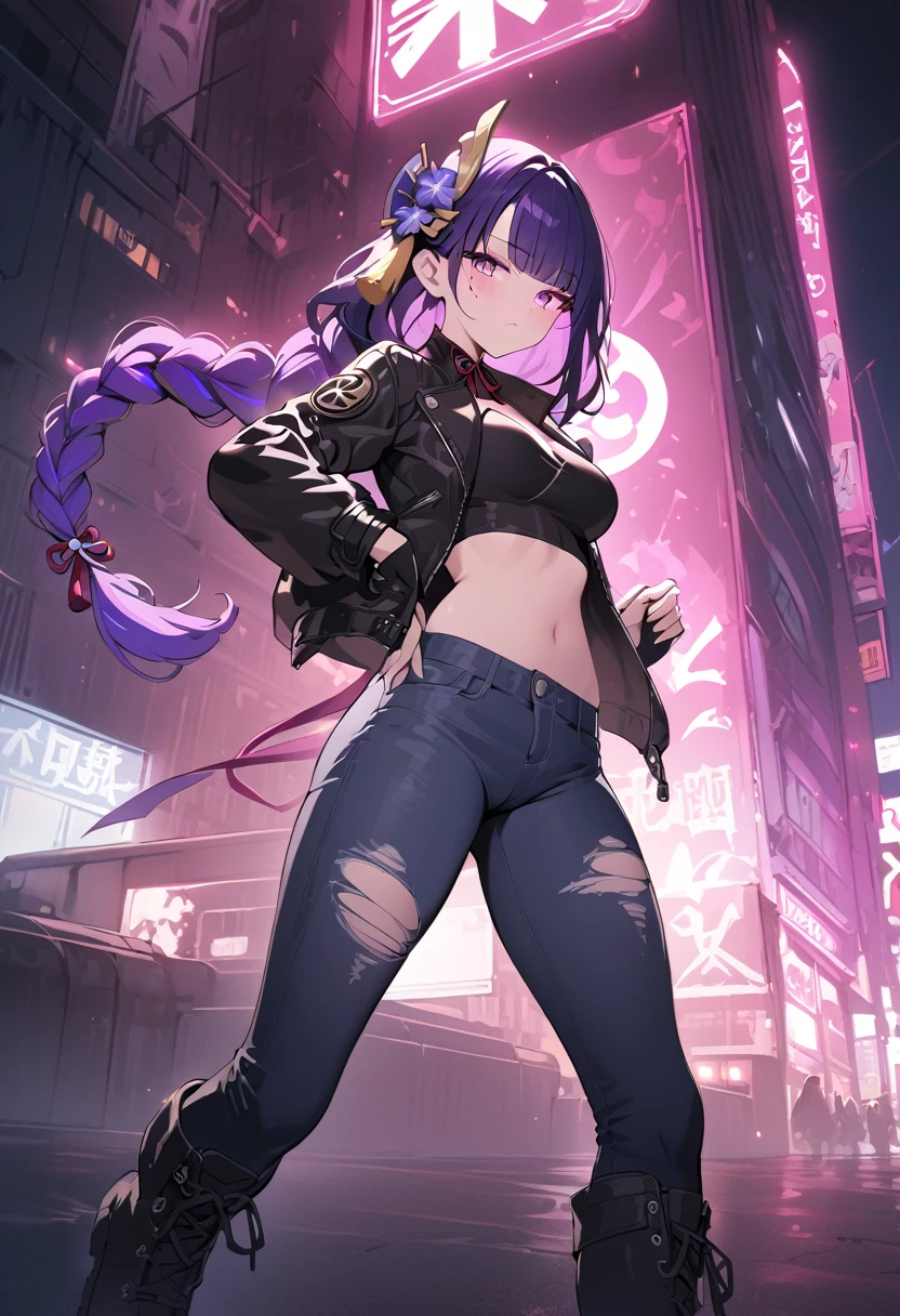 a punk rock girl, 1girl, leather jacket, ripped jeans, combat boots, grungy, moody expression, cityscape background, neon lights, high contrast, vibrant colors, dramatic lighting, (best quality,4k,8k,highres,masterpiece:1.2),ultra-detailed, full body , ,raiden shogun, braid, braided ponytail, hair flower, hair ornament, long hair, mole, mole under eye, purple eyes, purple flower, purple hair, single braid, sidelocks, mature female, whole body, dynamic pose