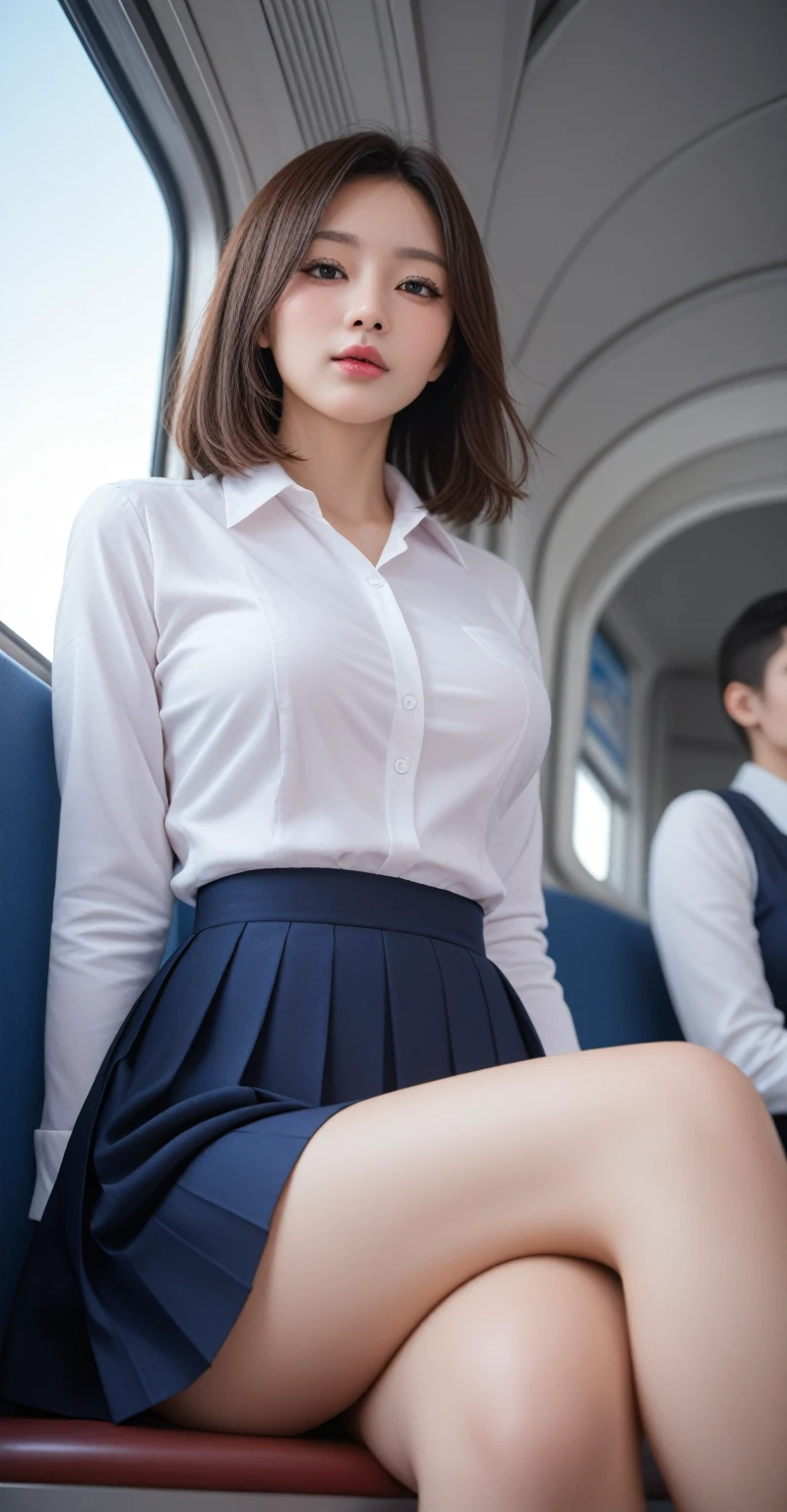 , face close-up,realistic, wind blowing from below , perfect face,非常に Detailsな顔,I'm wearing 1 denier black tights ,Thighs that adhere closely,Train seat, anatomically correct,The most beautiful face,crossing legs,Woman sitting cross-legged in front, upper body,from the front,Very beautiful thighs,A highly detailed, photorealistic,  beautiful detailed eyes masterpiece, 8k,High image quality,8k, Details, ,extremely detailed eyes and face, long eyelashes, intricate facial features,Multiple women,First Person View,whole body,,Crossing your legs,Pleated skirt,Woman wearing a dress shirt,Bitch,transformation,A woman crossing her legs