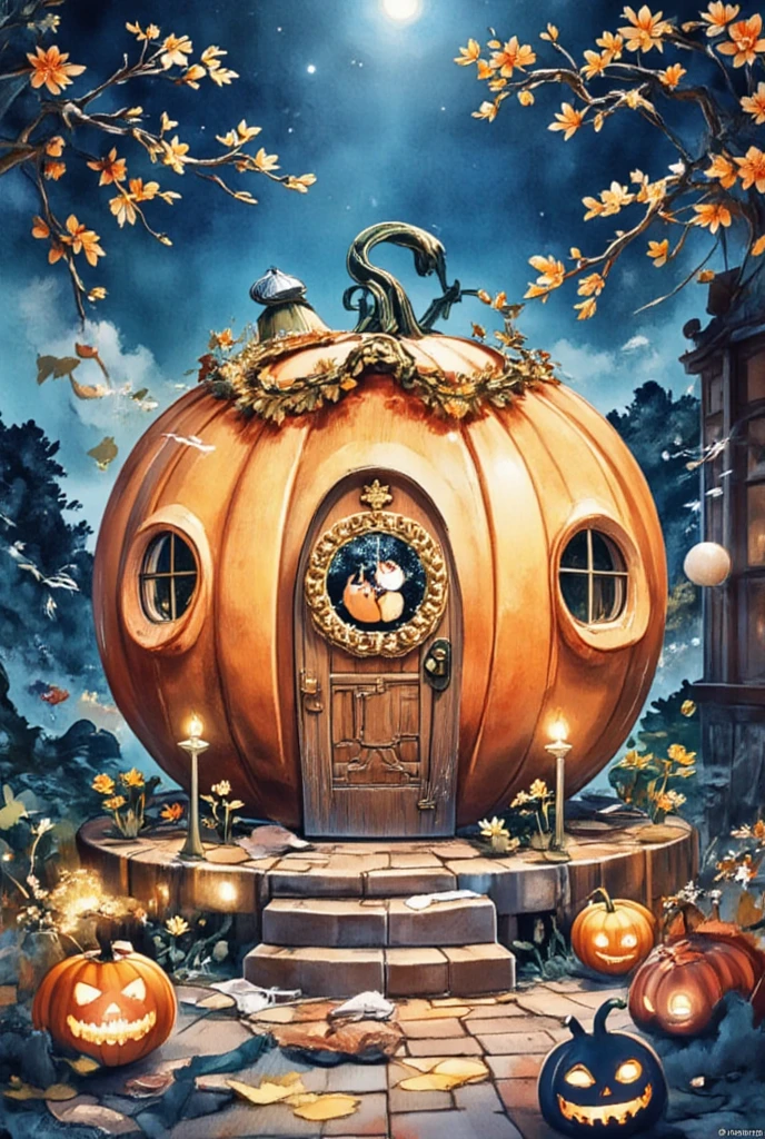 a vibrant orange pumpkin house is adorned with a carved wooden door, adorned with wreaths and a window. The house is surrounded by a variety of carved pumpkins, each with a unique face carved into the shape of a jack-o-lantern, adding a festive touch to the scene. The porch is situated on a brick floor, with a set of stairs leading up to the entrance. Adjacent to the porch, a few more pumpkins are arranged on the floor, adding depth to the composition. To the right of the pumpkin house, a wooden shelf is visible, adding to the ambiance of the image.
