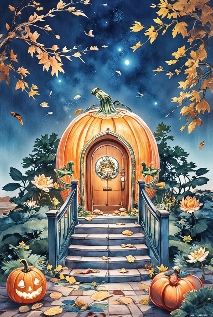 a vibrant orange pumpkin house is adorned with a carved wooden door, adorned with wreaths and a window. The house is surrounded by a variety of carved pumpkins, each with a unique face carved into the shape of a jack-o-lantern, adding a festive touch to the scene. The porch is situated on a brick floor, with a set of stairs leading up to the entrance. Adjacent to the porch, a few more pumpkins are arranged on the floor, adding depth to the composition. To the right of the pumpkin house, a wooden shelf is visible, adding to the ambiance of the image.
