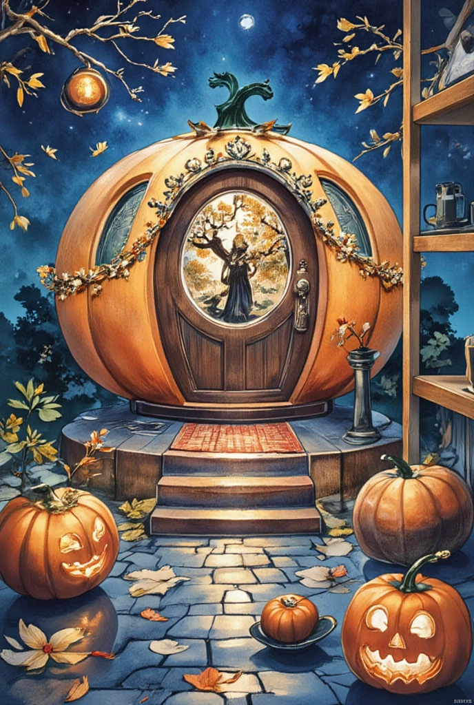 a vibrant orange pumpkin house is adorned with a carved wooden door, adorned with wreaths and a window. The house is surrounded by a variety of carved pumpkins, each with a unique face carved into the shape of a jack-o-lantern, adding a festive touch to the scene. The porch is situated on a brick floor, with a set of stairs leading up to the entrance. Adjacent to the porch, a few more pumpkins are arranged on the floor, adding depth to the composition. To the right of the pumpkin house, a wooden shelf is visible, adding to the ambiance of the image.
