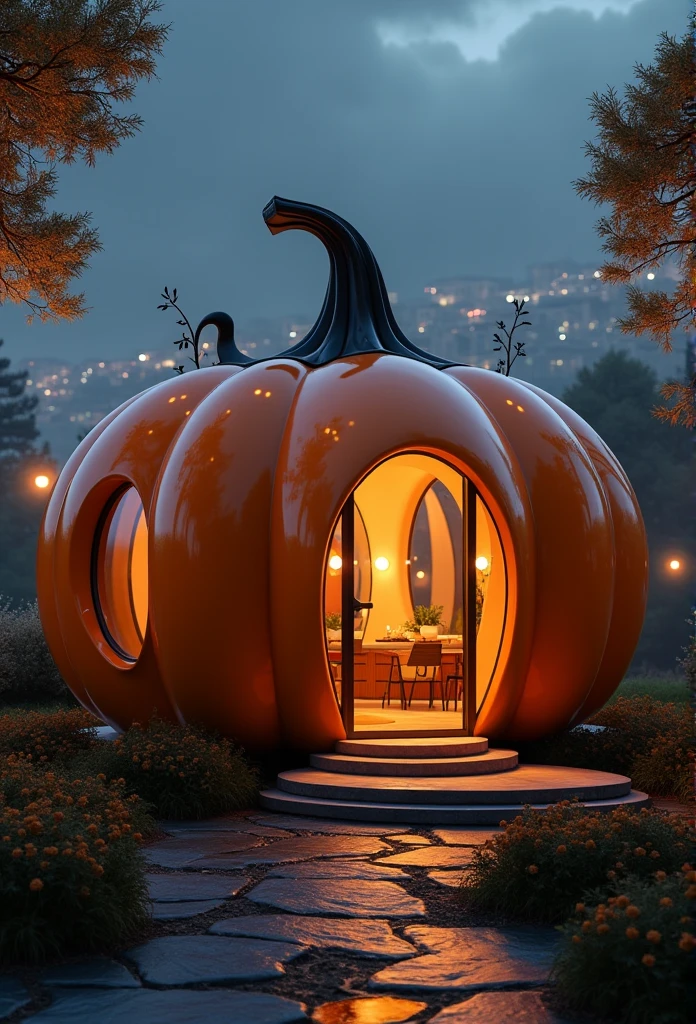 A pumpkin shaped cottage in the middle of a dark forest, the pumpkin cottage should have two small windows and a wooden door, dark night illuminated by glowing moon and the stars in the sky, haze, misty, atmospheric, cinematic, highest quality 