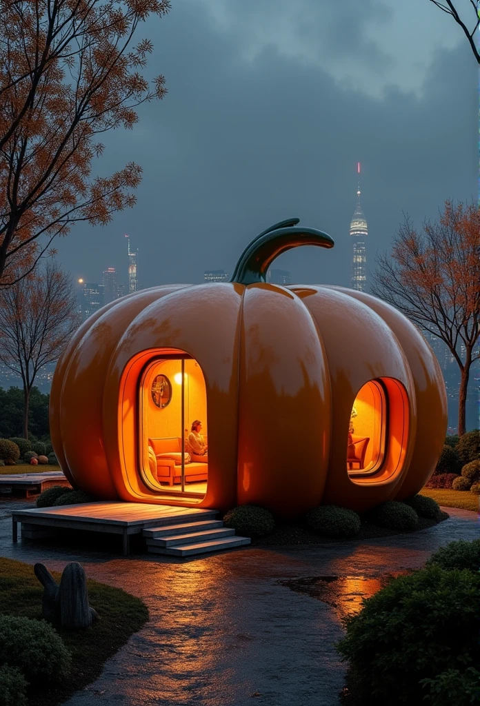 A pumpkin shaped cottage in the middle of a dark forest, the pumpkin cottage should have two small windows and a wooden door, dark night illuminated by glowing moon and the stars in the sky, haze, misty, atmospheric, cinematic, highest quality 