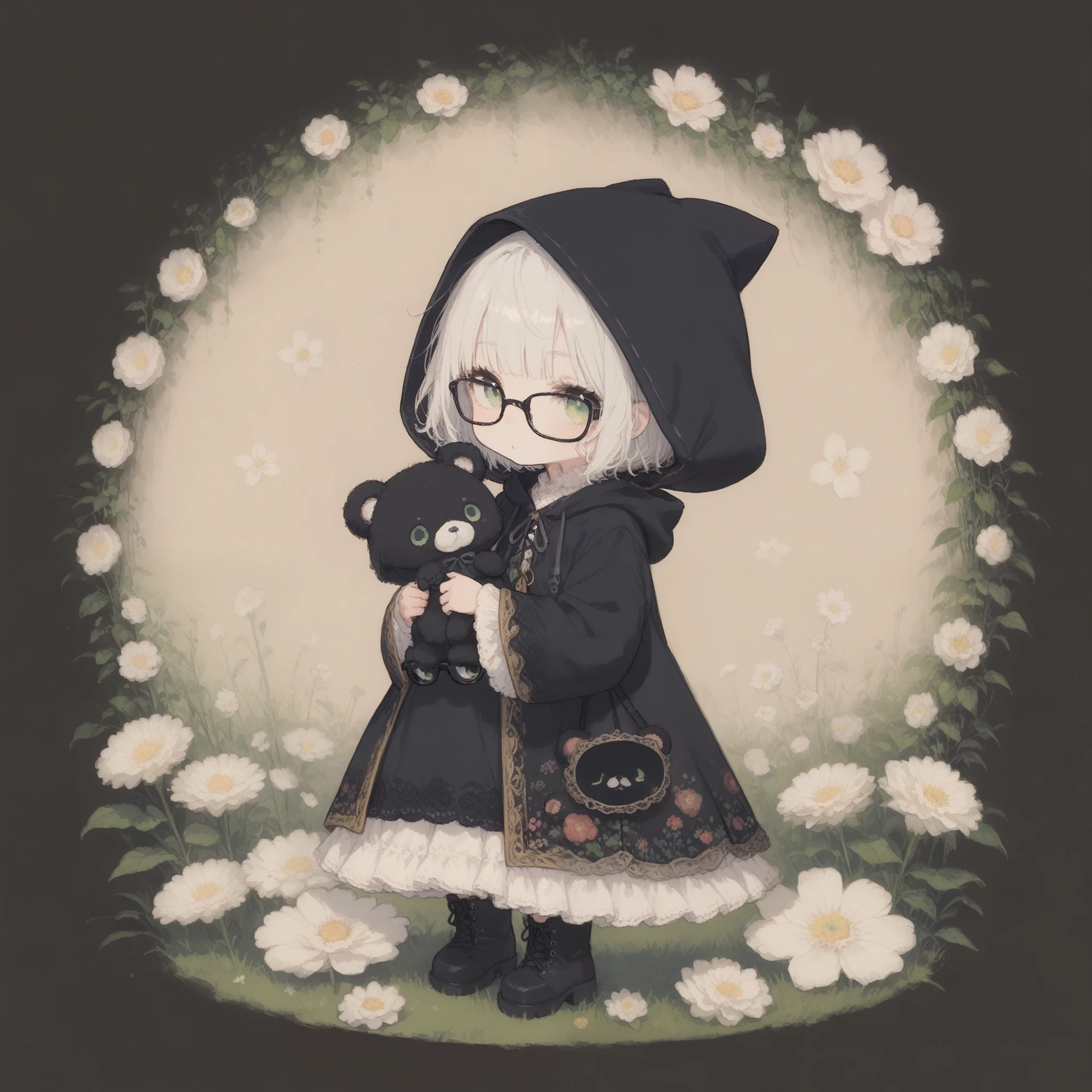 1girl\(cute,chibi, white skin, pale skin,(wearing ((simple)) black hood:1.4),(black robe\(hood,white embroidery flower pattern, at edge\):1.3), ((white frilly dress)), (wearing black glasses:1.4), (((green eyes))), black boots, white hair, bangs, short bob hair, holding teddybear\(brown,fluffy\),dynamic pose\).background\(simple,Various beautiful flowers are arranged geometrically\).score_9, score_8_up, score_7_up, score_6_up, score_5_up, score_4_up, source_anime,source_furry,rating_safe,rating_questionable,masterpiece, best quality, perfect anatomy , very aesthetic , absurdres,limited pallet