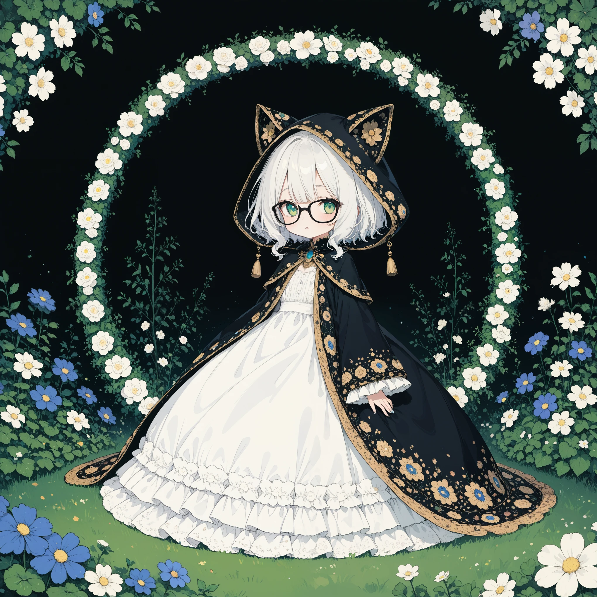 1girl\(cute,chibi, white skin, pale skin,(wearing ((simple)) black hood:1.4),(black robe\(hood,white embroidery flower pattern, at edge\):1.3), ((white frilly dress)), (wearing black glasses:1.4), (((green eyes))), black boots, white hair, bangs, short bob hair, holding teddybear\(brown,fluffy\),dynamic pose\).background\(simple,Various beautiful flowers are arranged geometrically\).score_9, score_8_up, score_7_up, score_6_up, score_5_up, score_4_up, source_anime,source_furry,rating_safe,rating_questionable,masterpiece, best quality, perfect anatomy , very aesthetic , absurdres,limited pallet