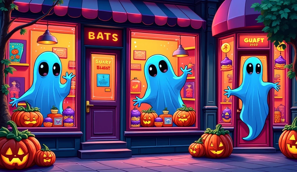 In a pop art style, with a close-up, a row of colorful storefronts on the street are filled with Halloween treats and costumes. Ghosts with neon outlines peer through the windows, and pumpkins are painted in bold, graphic patterns