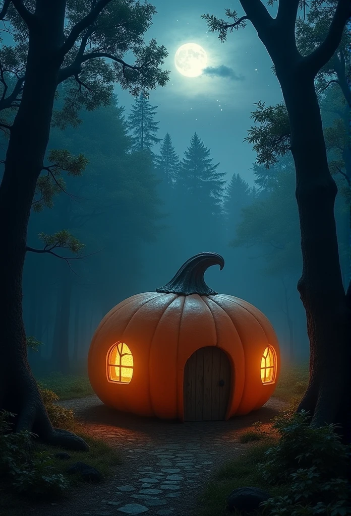 A pumpkin shaped cottage in the middle of a dark forest, the pumpkin cottage should have two small windows and a wooden door, dark night illuminated by glowing moon and the stars in the sky, haze, misty, atmospheric, cinematic, highest quality 