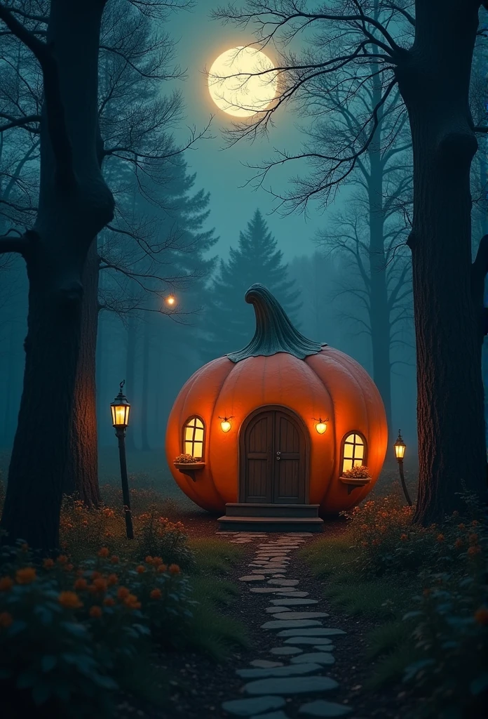 A pumpkin shaped cottage in the middle of a dark forest, the pumpkin cottage should have two small windows and a wooden door, dark night illuminated by glowing moon and the stars in the sky, haze, misty, atmospheric, cinematic, highest quality 