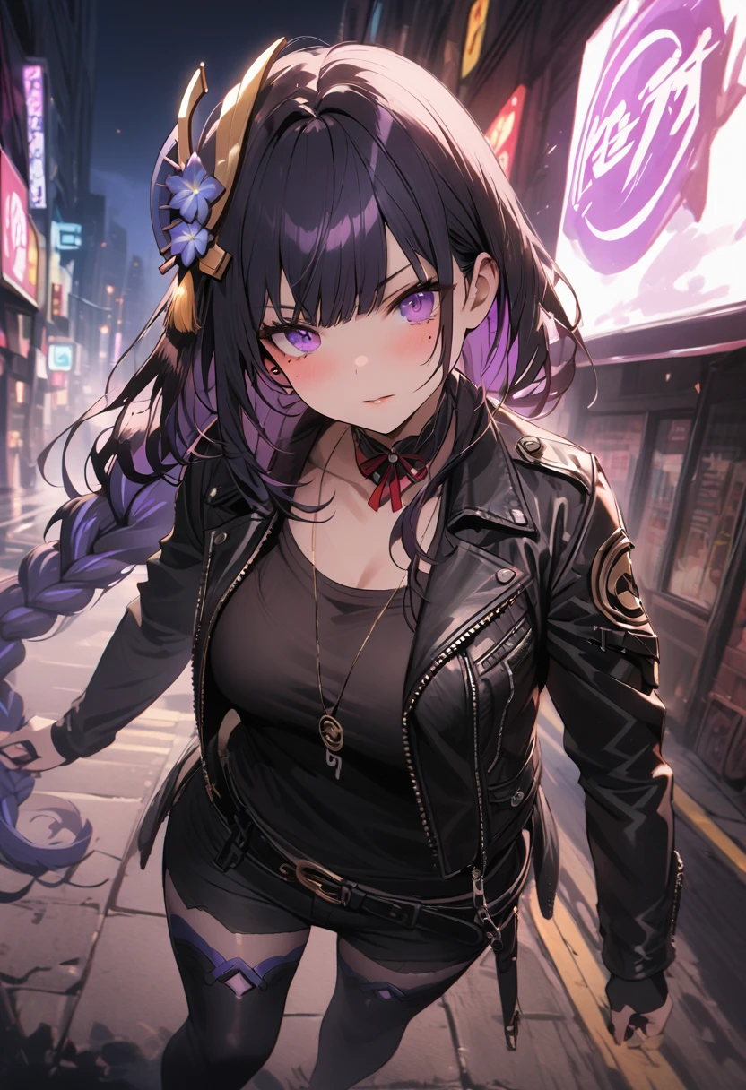 a punk rock girl, 1girl, leather jacket, ripped jeans, combat boots, grungy, moody expression, cityscape background, neon lights, high contrast, vibrant colors, dramatic lighting, (best quality,4k,8k,highres,masterpiece:1.2),ultra-detailed, full body, mature female, ,raiden shogun, braid, braided ponytail, hair flower, hair ornament, long hair, mole, mole under eye, purple eyes, purple flower, purple hair, single braid, sidelocks, mature female, whole body, dynamic pose
