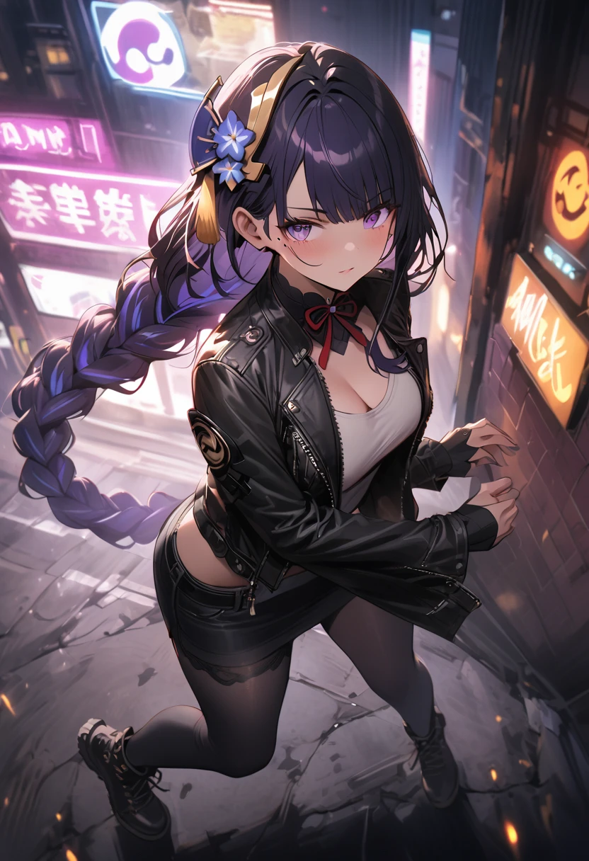 a punk rock girl, 1girl, leather jacket, ripped jeans, combat boots, grungy, moody expression, cityscape background, neon lights, high contrast, vibrant colors, dramatic lighting, (best quality,4k,8k,highres,masterpiece:1.2),ultra-detailed, full body, mature female, ,raiden shogun, braid, braided ponytail, hair flower, hair ornament, long hair, mole, mole under eye, purple eyes, purple flower, purple hair, single braid, sidelocks, mature female, whole body, dynamic pose
