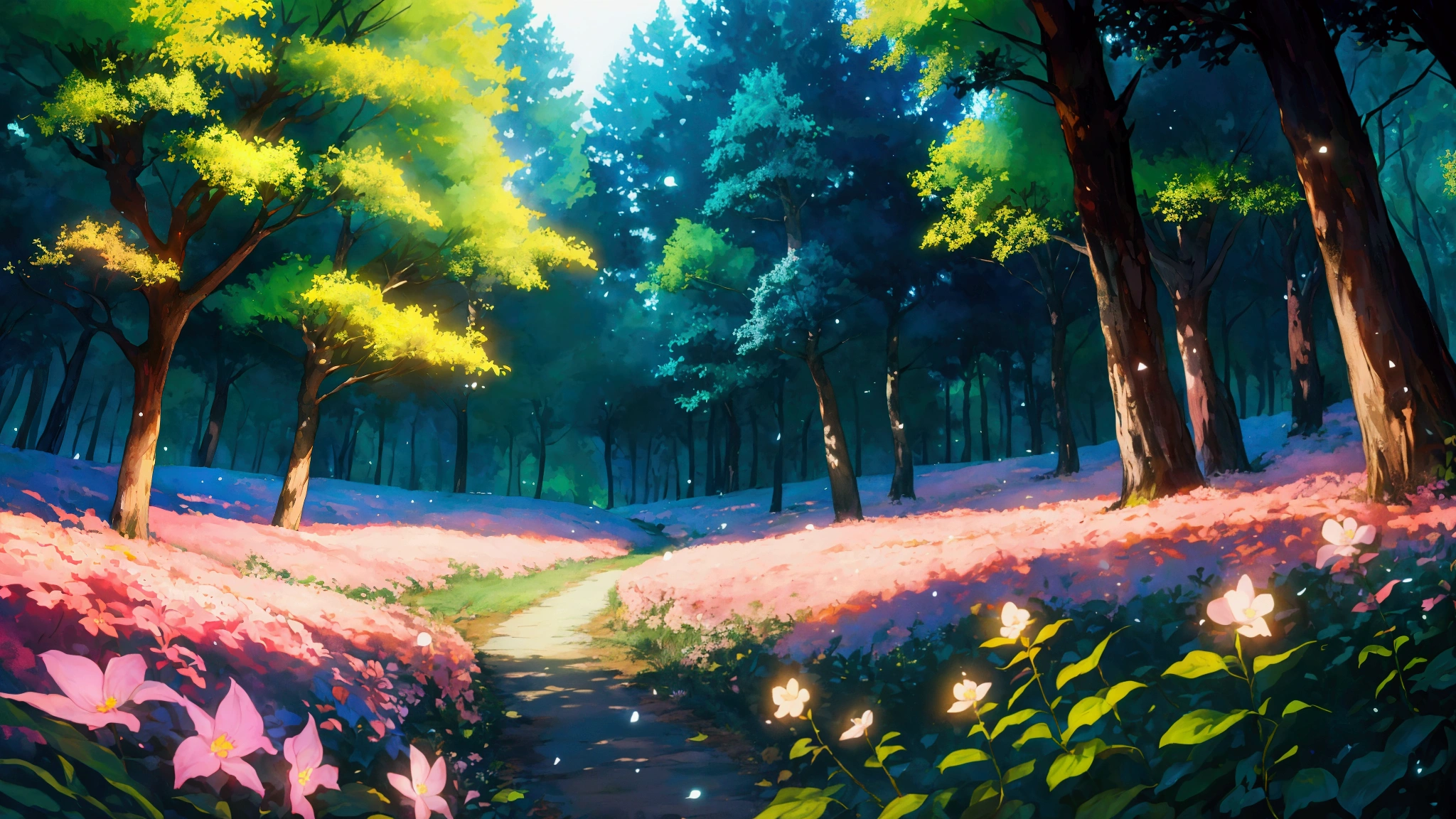 Glowing Forest Cozy Day Sparkling ,morning , Lofi anime style , landscape , natural , Small, beautiful, glowing flowers