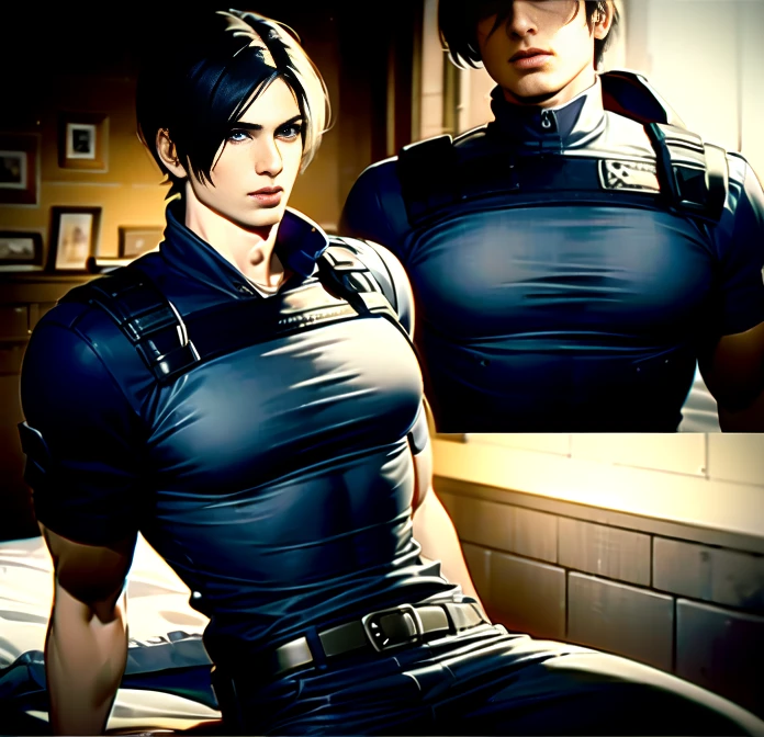 (Highly detailed CG), ( best quality), (Highly detailed CG), ( best quality), (Leon S. Kennedy), (Overall view) SWAT Clothing, Beautiful and attractive young man, Lean and muscular