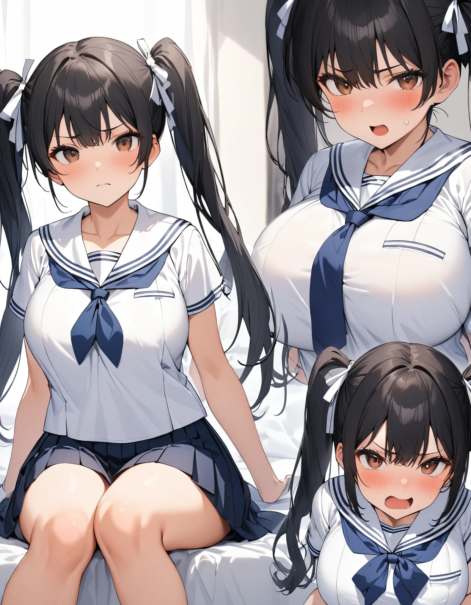 Alone:1.3 close-up black hair with facial expressions :1.3((( twin tails:1.3)))Navy blue pleated skirt with medium hair, brown eyes, white ribbons, big breasts, thick legs, dark blue ties wearing a white summer sailor suit:1.3 high school girls are sitting on the bed in my room where she is angry