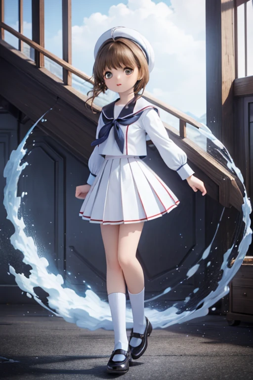 One Girl, white pin-tuck blouse ,Red Bolero,White Skirt, skirt with arms extended to the camera,There are 2 blue lines on the hem of the , bolero sleeve with school emblem patch , knee-high socks, black enamel wrap pumps with arms extended to the camera, short bob,Brown Hair,Braiding,Navy blue ribbon, striped ribbon ,Navy high socks, high-waisted skirt, looking down from above