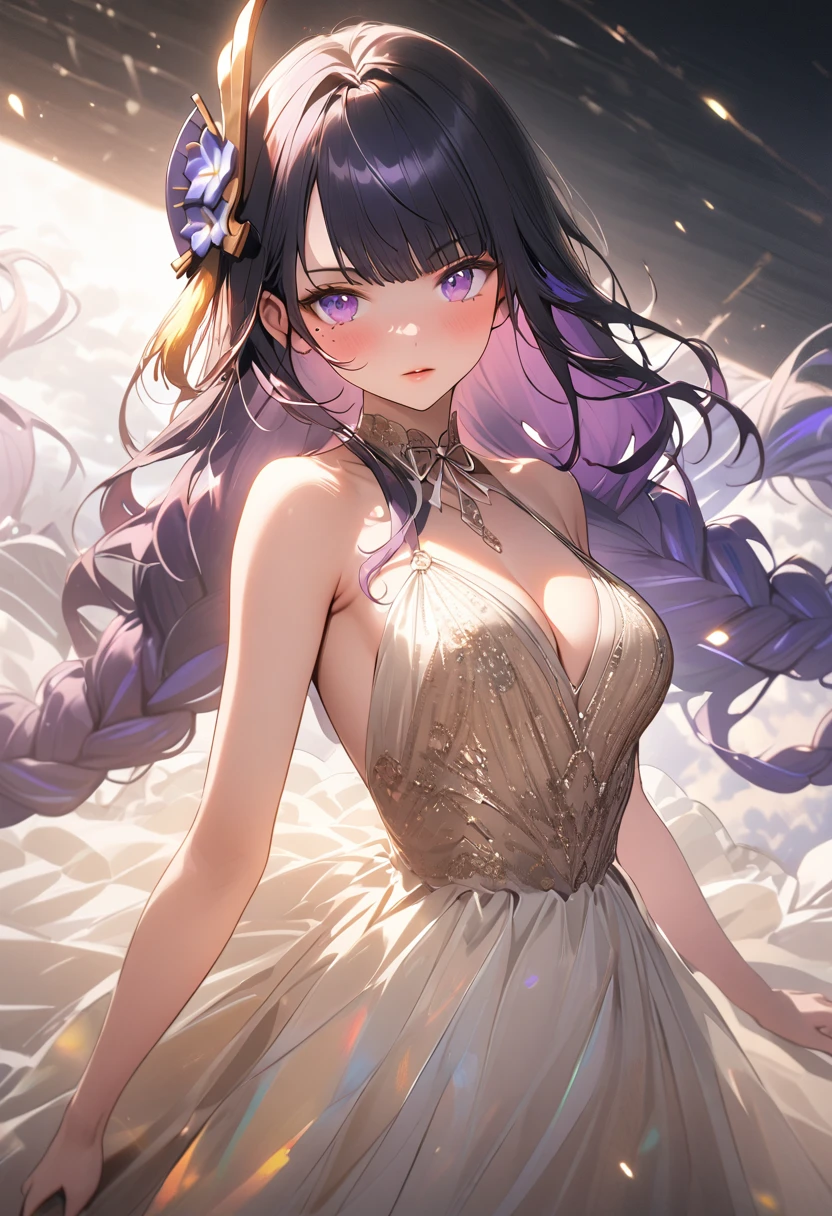 a long elegant dress, lace dress, shimmering dress, formal dress, beautiful girl wearing dress, beautiful woman in dress, detailed face, detailed eyes, detailed lips, intricate dress design, high fashion, luxury dress, (best quality,4k,8k,highres,masterpiece:1.2),ultra-detailed, cinematic lighting, soft lighting, warm color tones, dramatic shadows, detailed fabric textures, high-end fashion photography, ,raiden shogun, braid, braided ponytail, hair flower, hair ornament, long hair, mole, mole under eye, purple eyes, purple flower, purple hair, single braid, sidelocks, mature female, whole body, dynamic pose