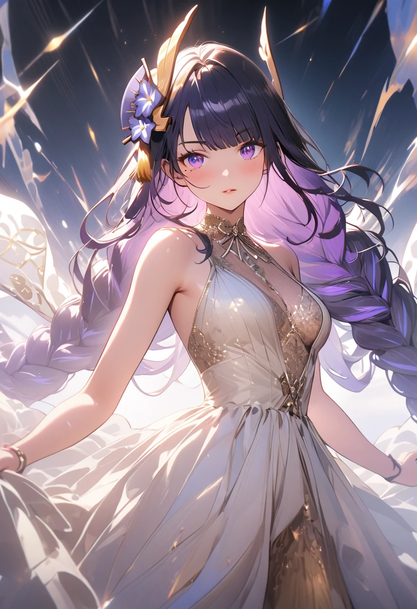 a long elegant dress, lace dress, shimmering dress, formal dress, beautiful girl wearing dress, beautiful woman in dress, detailed face, detailed eyes, detailed lips, intricate dress design, high fashion, luxury dress, (best quality,4k,8k,highres,masterpiece:1.2),ultra-detailed, cinematic lighting, soft lighting, warm color tones, dramatic shadows, detailed fabric textures, high-end fashion photography, ,raiden shogun, braid, braided ponytail, hair flower, hair ornament, long hair, mole, mole under eye, purple eyes, purple flower, purple hair, single braid, sidelocks, mature female, whole body, dynamic pose