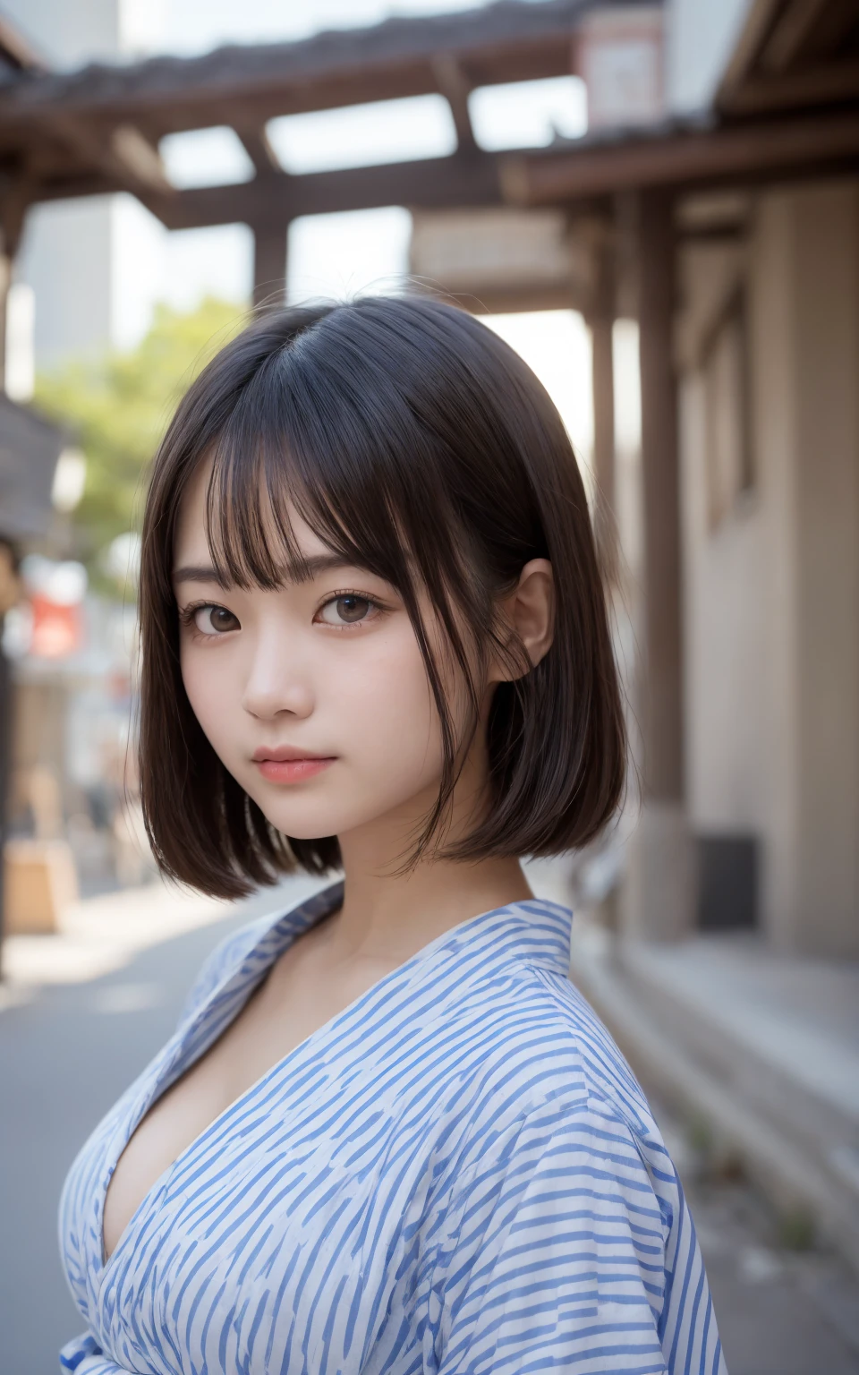 A female face with white skin and black hair with bangs, Tokyo style from the house of paper